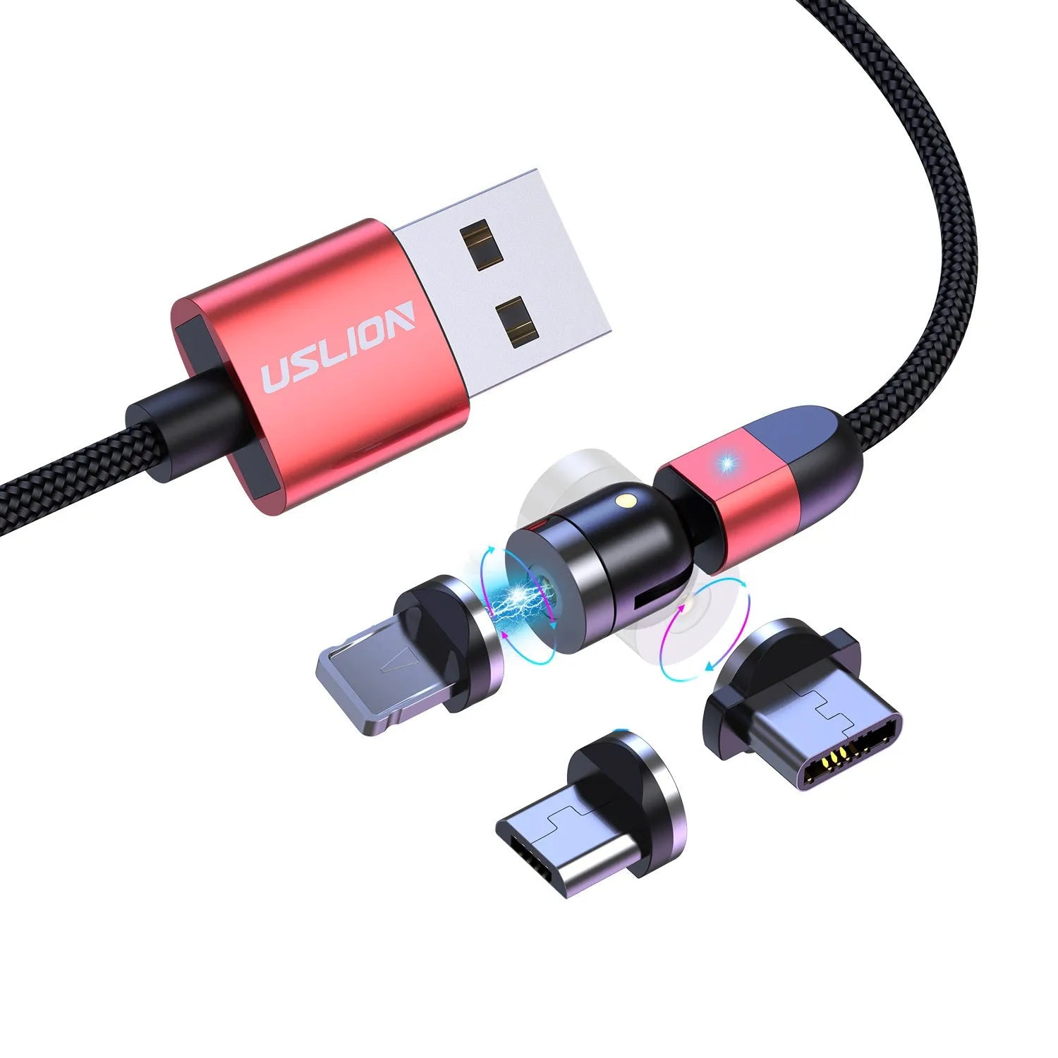 540° magnetic three-in-one data cable with aluminium alloy connector, TPE jacket, and LED indicator light on a table next to a smartphone