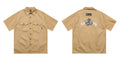 Men's black cotton blend work shirt with embroidery and pocket, loose fit plus size half sleeve design
