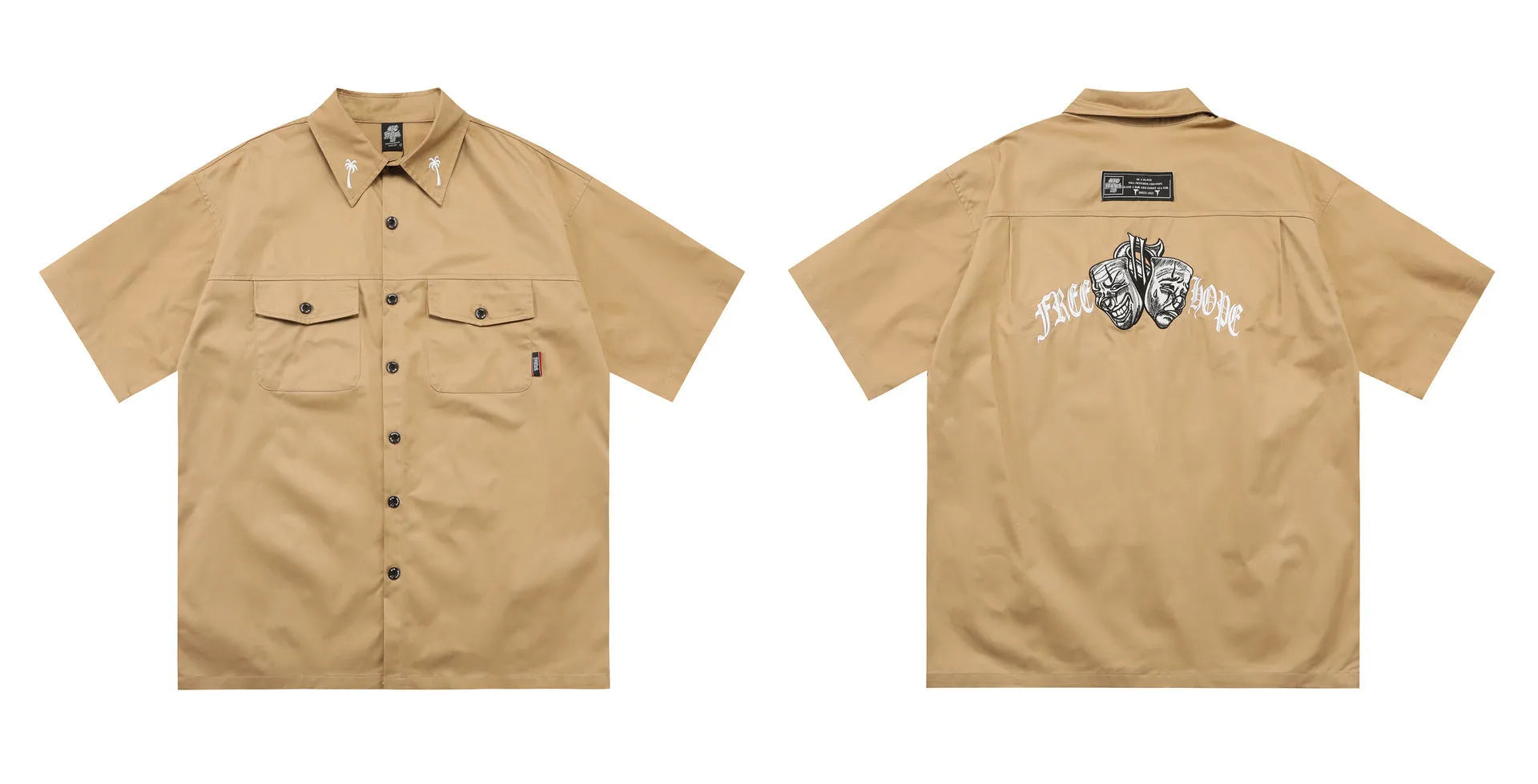 Men's black cotton blend work shirt with embroidery and pocket, loose fit plus size half sleeve design