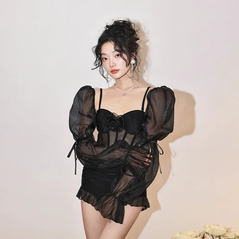 Solid black one-piece swimsuit with lace puff sleeves, high-waist tight fit for women swimming