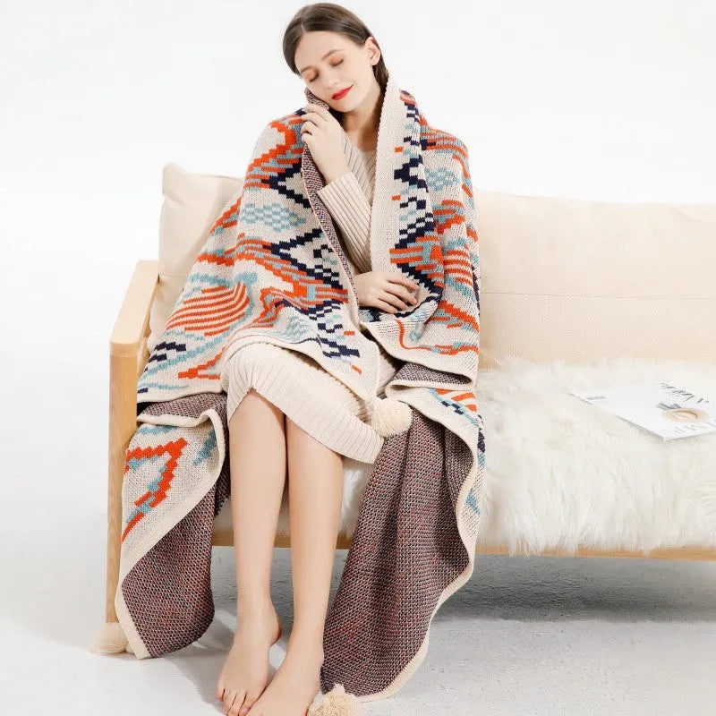 Bohemian acrylic sofa cover blanket with tassels in geometric pattern colours