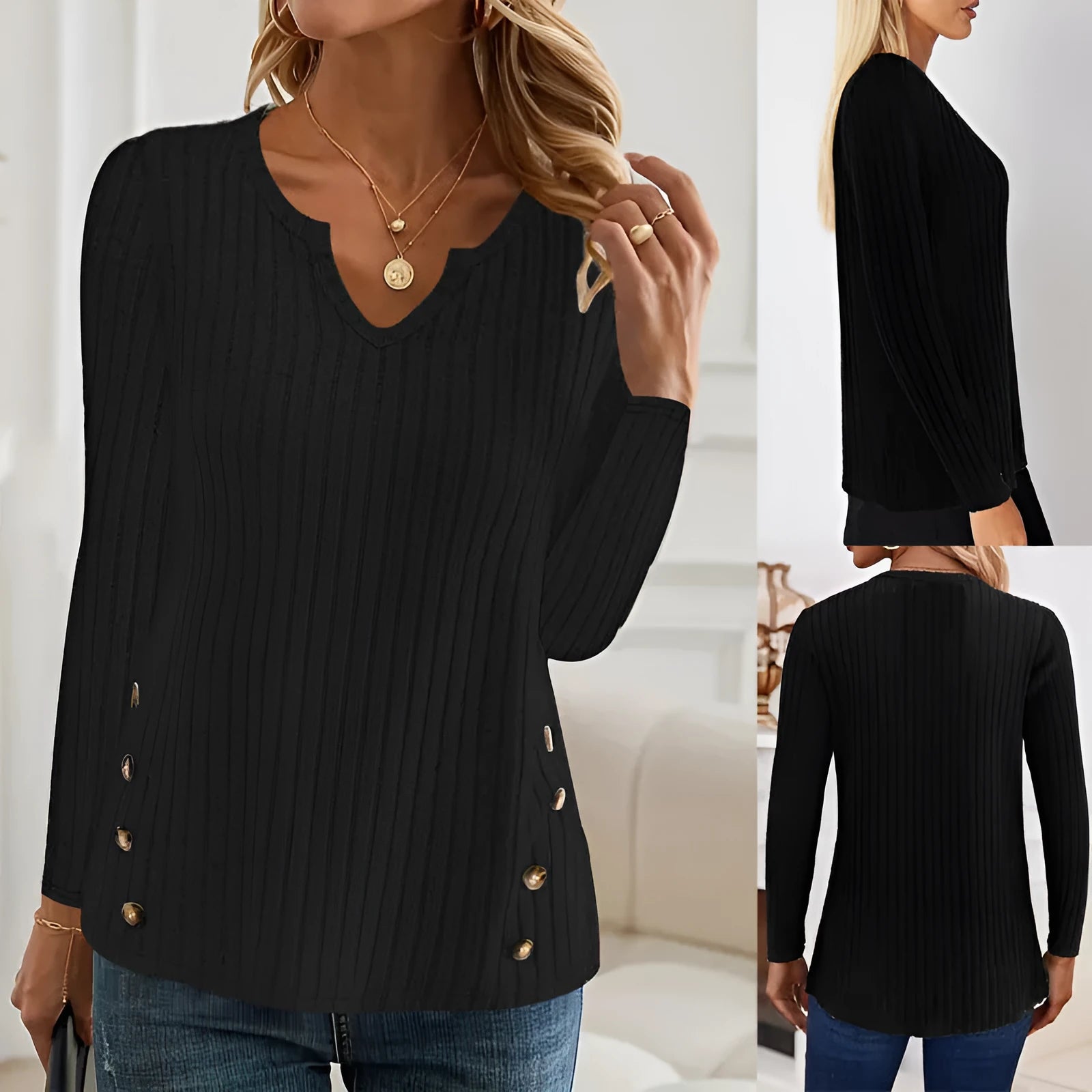 Simple grey green casual knitted button sweater pullover laid flat.