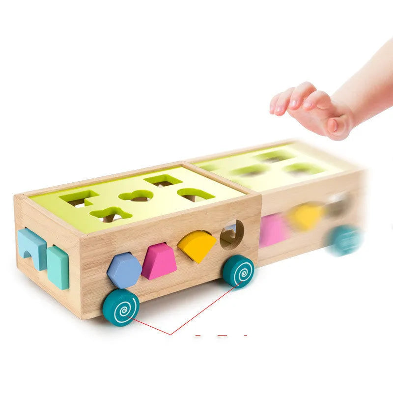 Wooden geometric shape sorter on wheels with 17 sorting holes and colourful cubes for toddlers age 3 plus