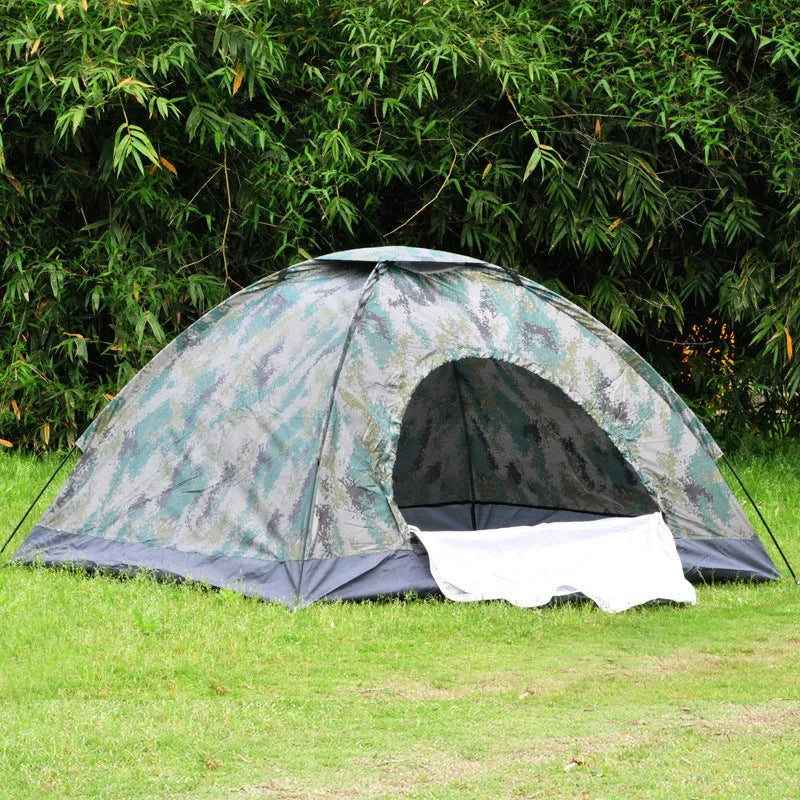 Green camouflage two-person camping tent with fibreglass poles and mesh windows