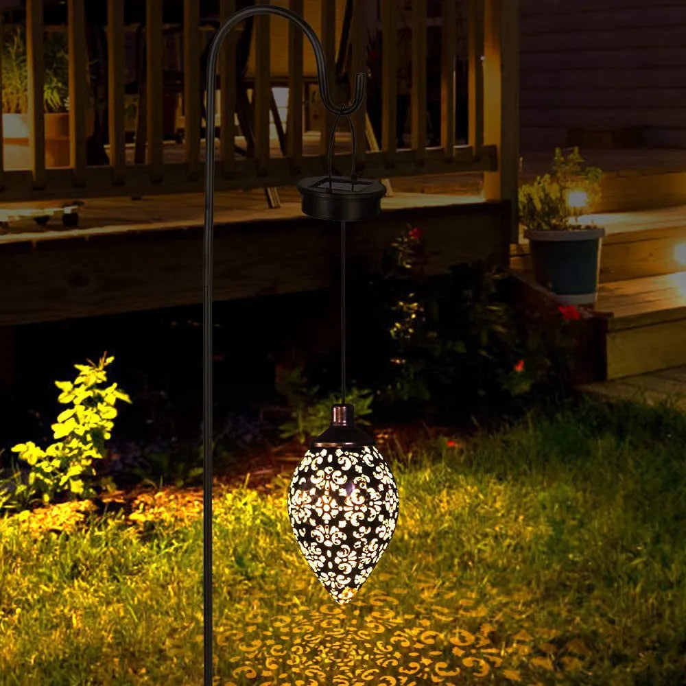 Outdoor solar hollow lamp with iron construction, warm white LED, IP55 waterproof, 60 cm height