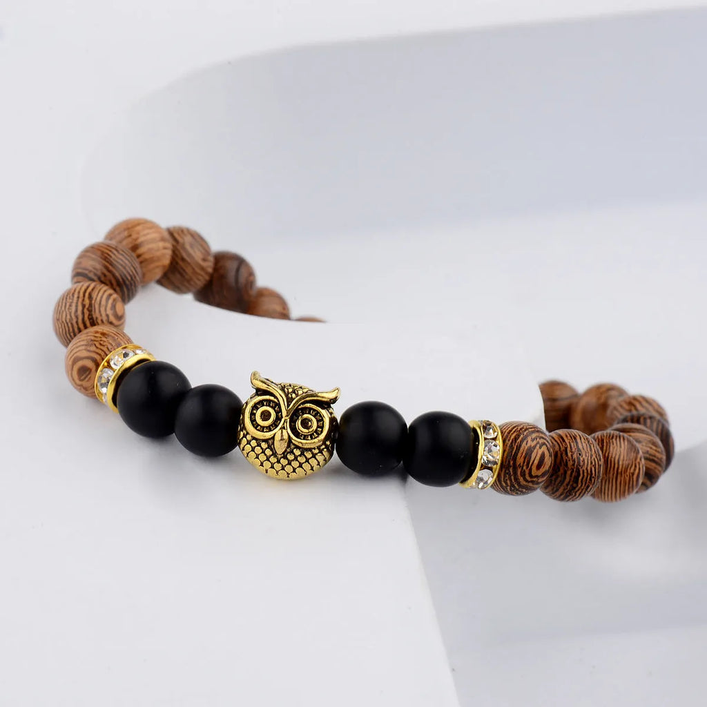 Owl frosted stone lifeline wood grain bracelet in black with wood beads and alloy clasp