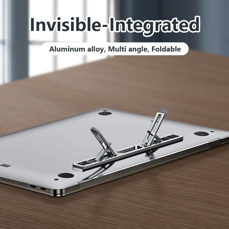 Aluminium alloy adjustable laptop cooling bracket stand in silver colour on a desktop