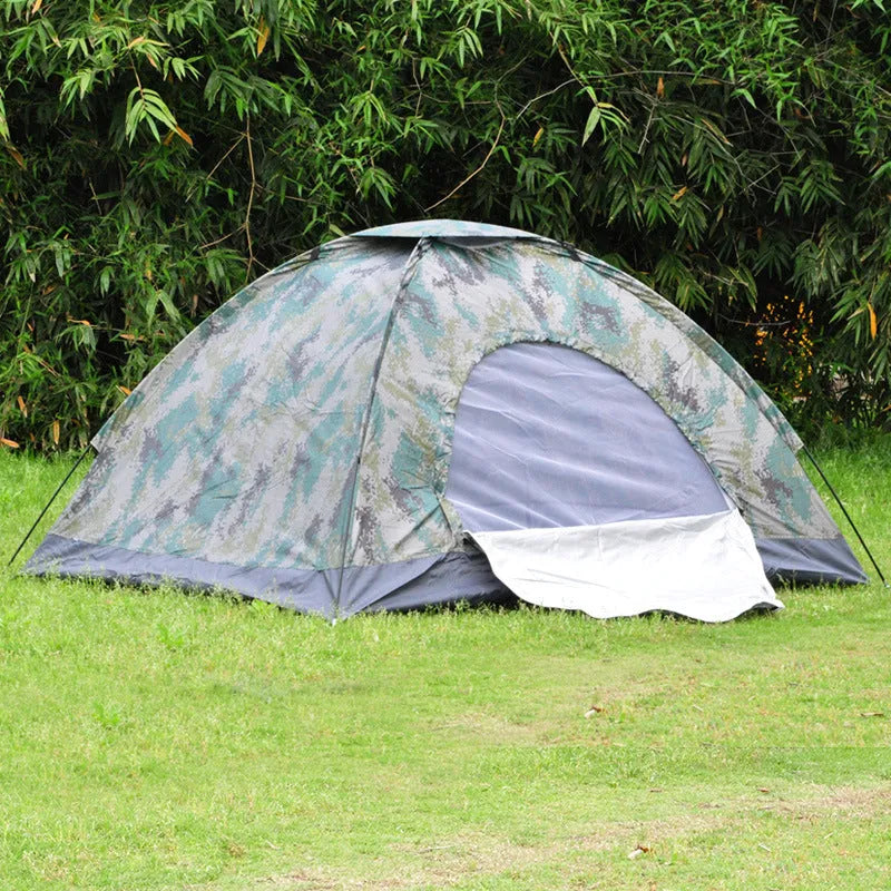 Green camouflage two-person camping tent with fibreglass poles and mesh windows