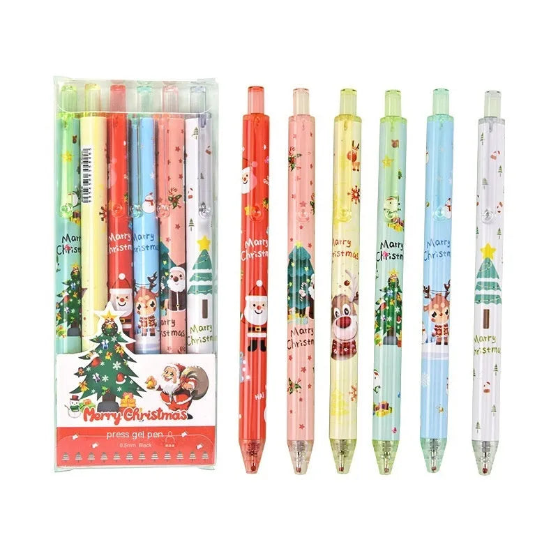 Set of 6 press gel pens with black ink in cartoon series design for Christmas reward gift