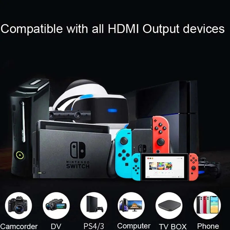 Black HDMI video capture card with USB connector, 64x28x13mm, supporting 4K input and 1080P output