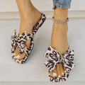 Women's bow leopard print square toe sandals with cloth upper, cloth lining, rubber sole, sizes 36-43