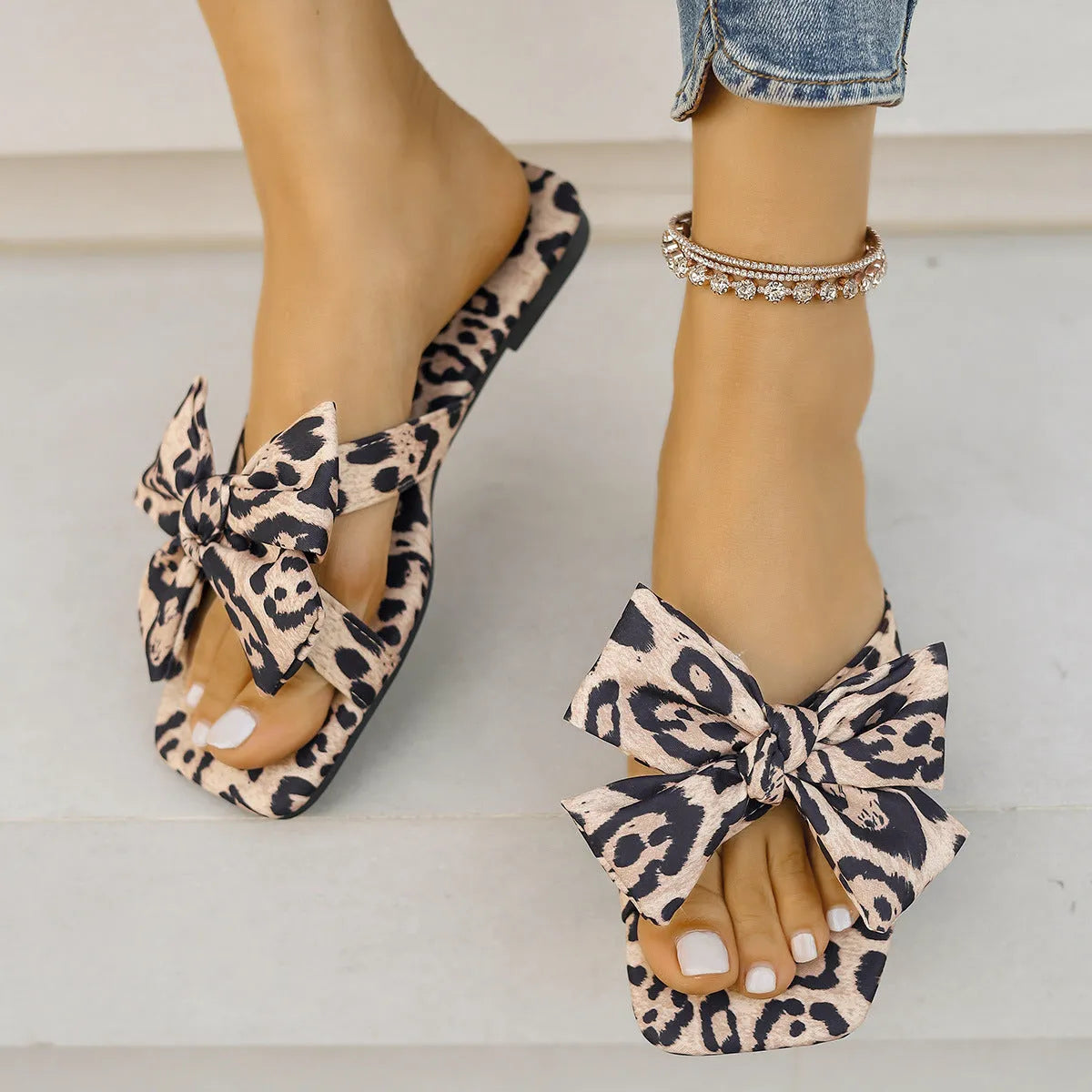 Women's bow leopard print square toe sandals with cloth upper, cloth lining, rubber sole, sizes 36-43