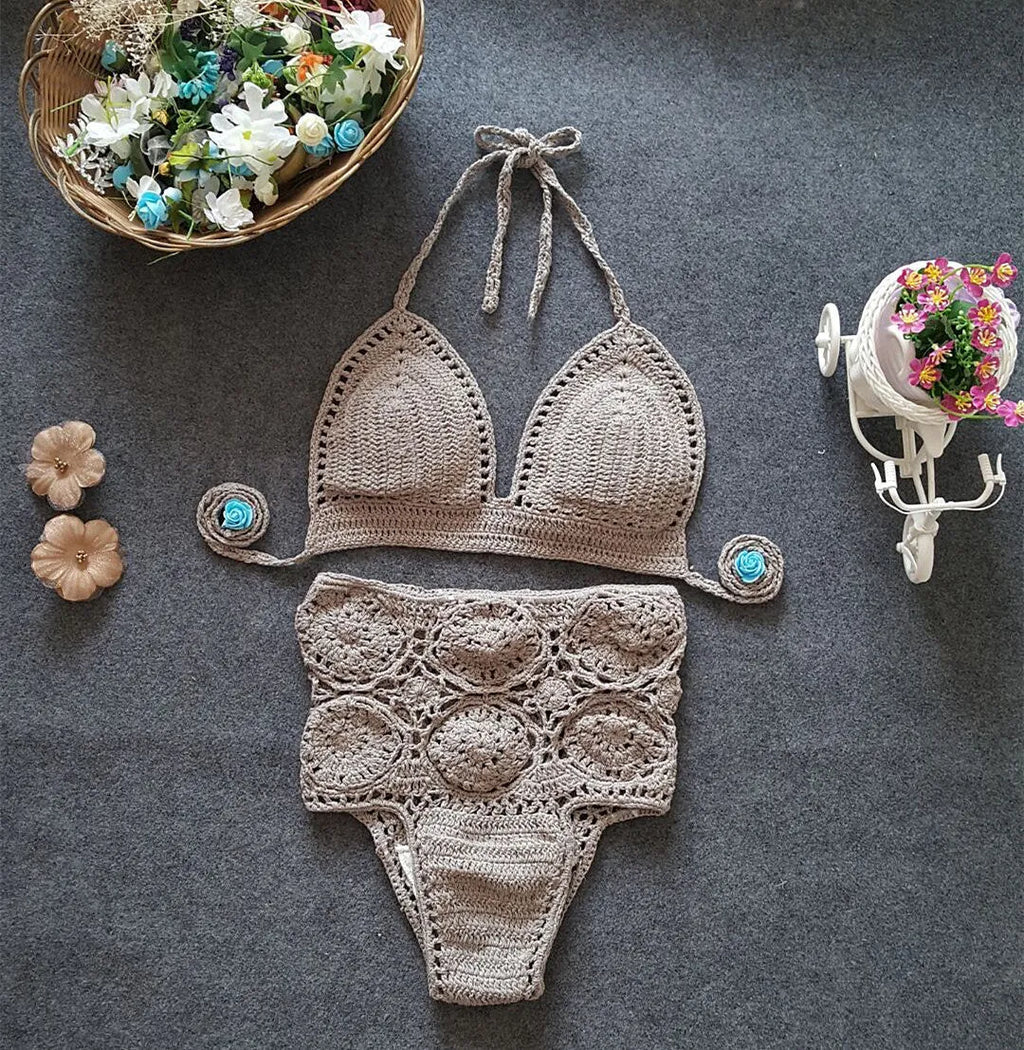 Women's high waisted crochet flower bikini set in brown with hollow split detail on the sides