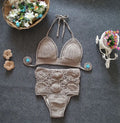 Women's high waisted crochet flower bikini set in brown with hollow split detail on the sides