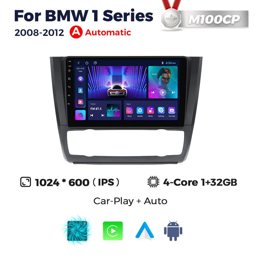 BMW E87 dashboard showing installed 9-inch Android car stereo and navigation touchscreen unit