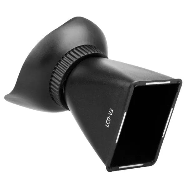 Black camera LCD screen viewfinder magnifier with magnetic mount attached to a DSLR.