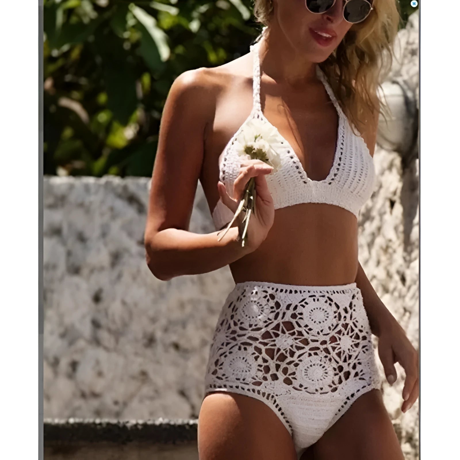 Women's high waisted crochet flower bikini set in brown with hollow split detail on the sides