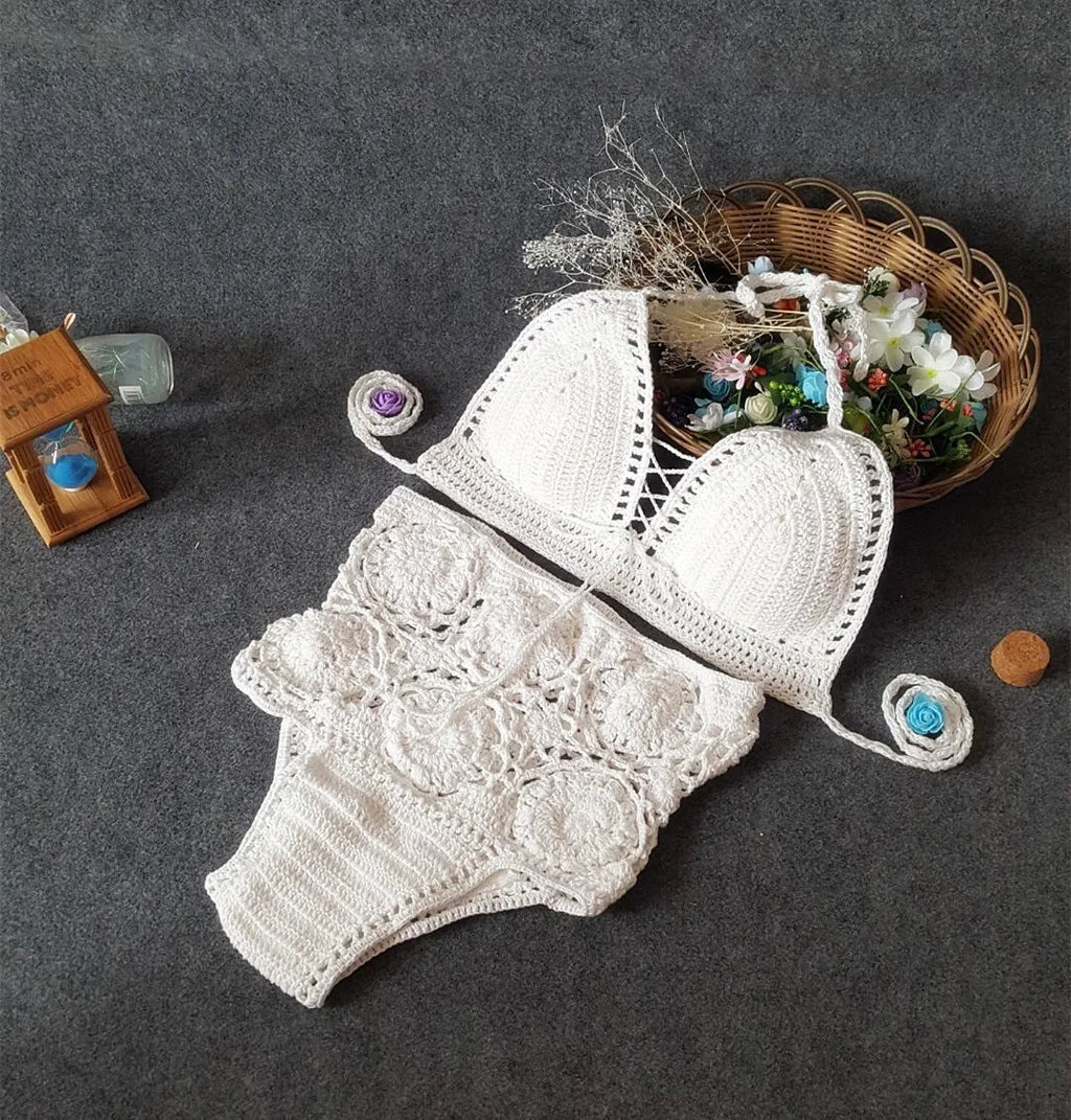 Women's high waisted crochet flower bikini set in brown with hollow split detail on the sides