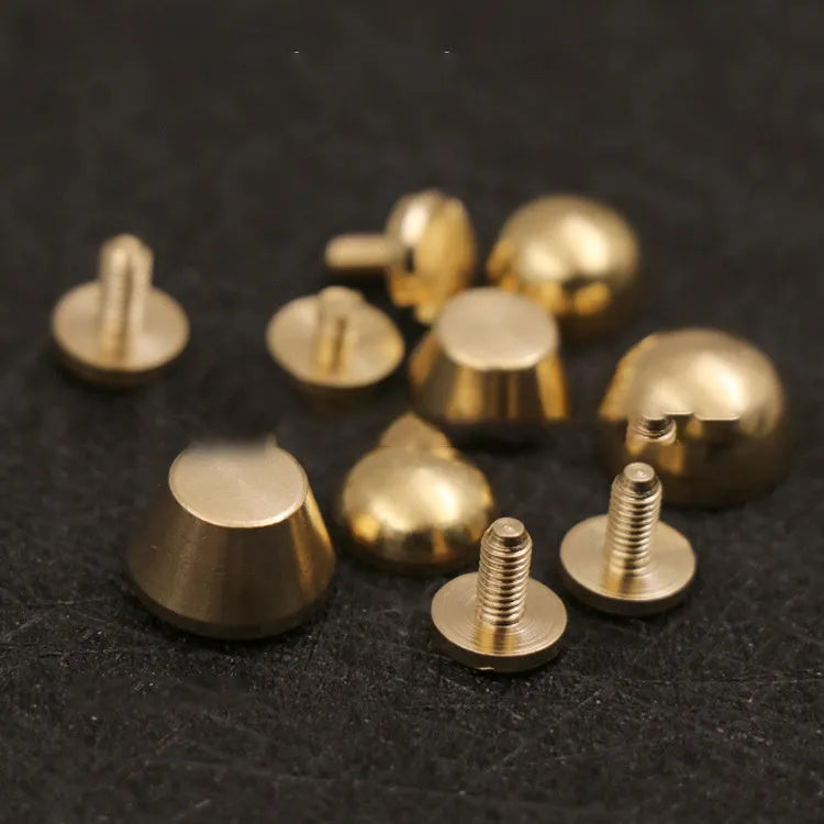 Brass decorative buckle showing round and bucket foot nail styles in 10x6mm and 12x7mm sizes