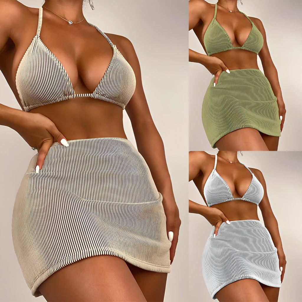 Three-piece polyester rib fabric bikini swimsuit in khaki, black and white, green, or emerald green