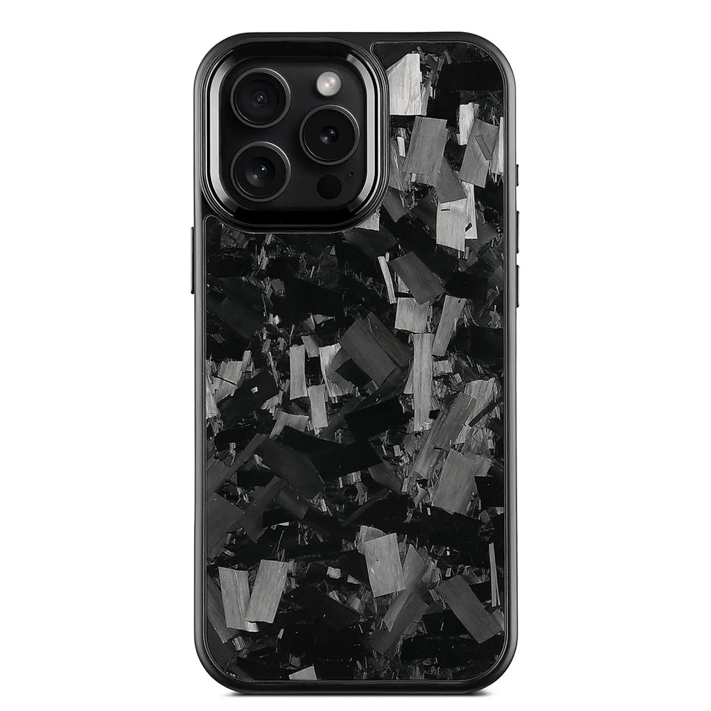 Black metal frame magnetic protective phone case with blue-gold forged carbon fibre pattern for iPhone 17 models.