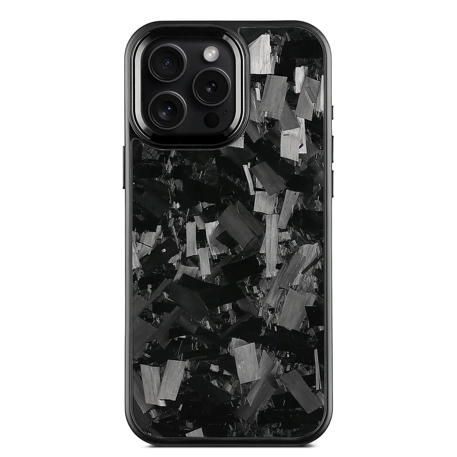 Black metal frame magnetic protective phone case with blue-gold forged carbon fibre pattern for iPhone 17 models.