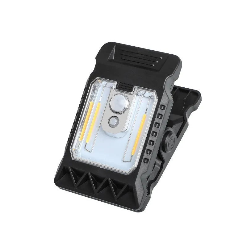 Compact white clip lamp with human body sensor, shown with dimensions 11.2cm by 7.6cm.