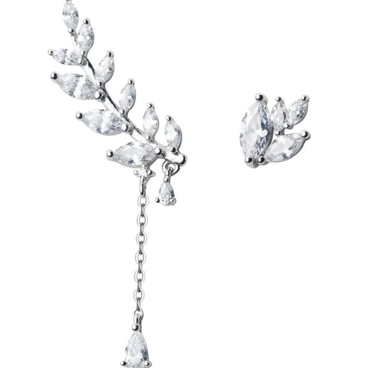 Pair of 925 silver asymmetrical leaf drop earrings with plated finish in large and small S925 silver sizes for women