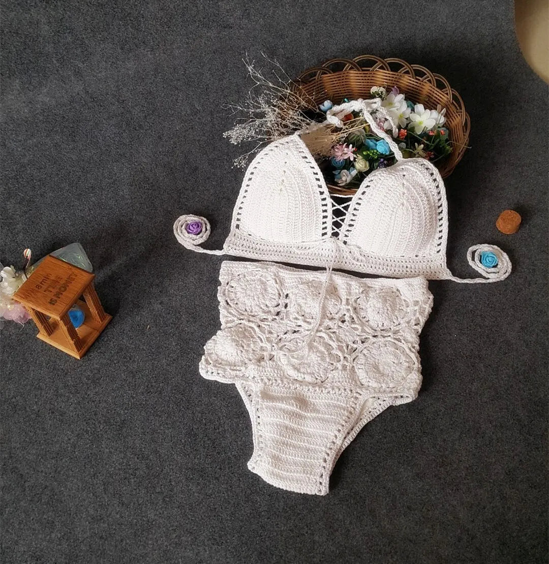 Women's high waisted crochet flower bikini set in brown with hollow split detail on the sides