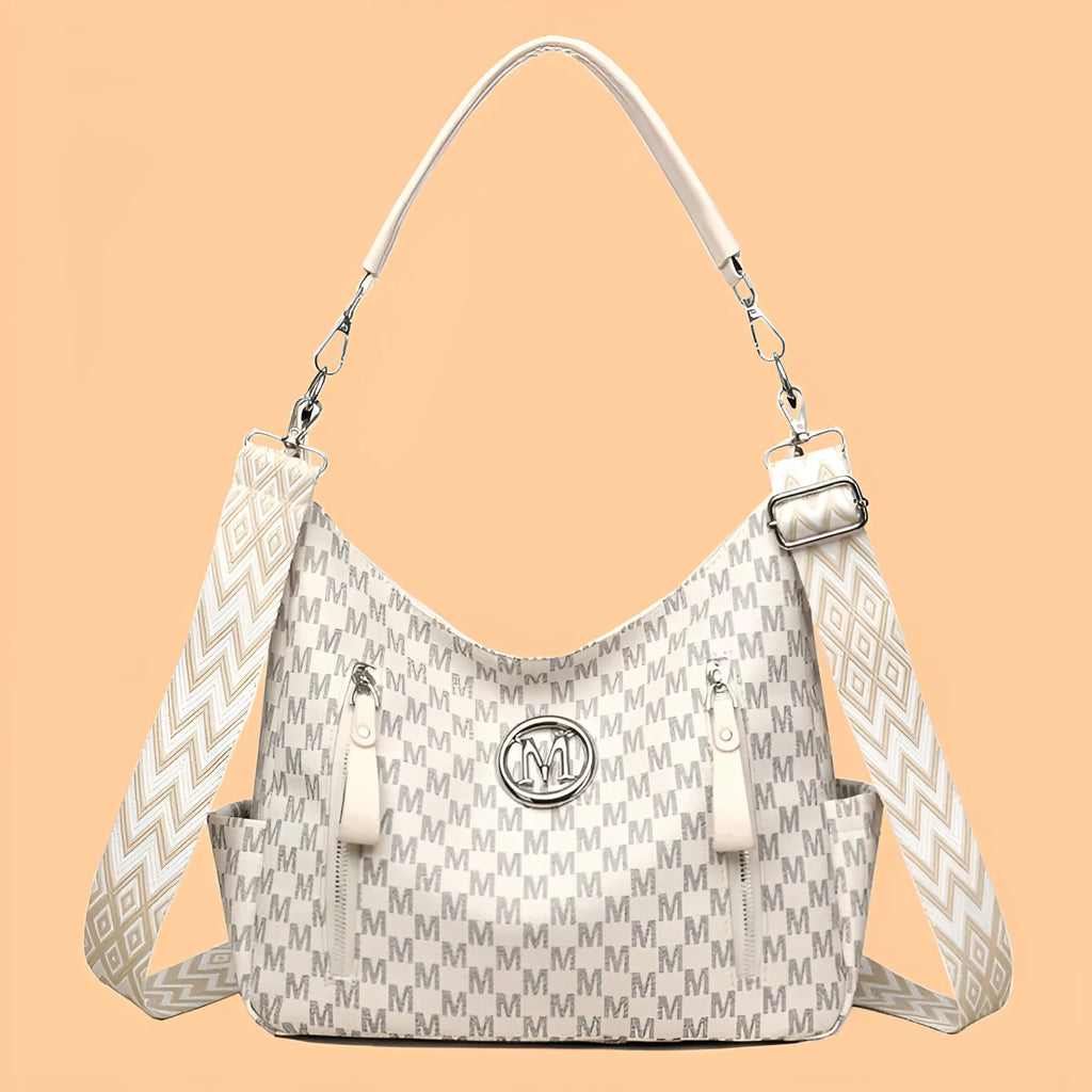 Retro printed PU messenger bag with sandwich pockets and double shoulder straps in beige colour