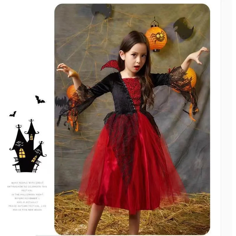Children's Halloween witch costume suit in polyester fibre with cape and dress options, multiple sizes from 90cm to 170cm
