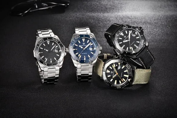 Men's mechanical watch PD-1617 with stainless steel bracelet and silver black dial