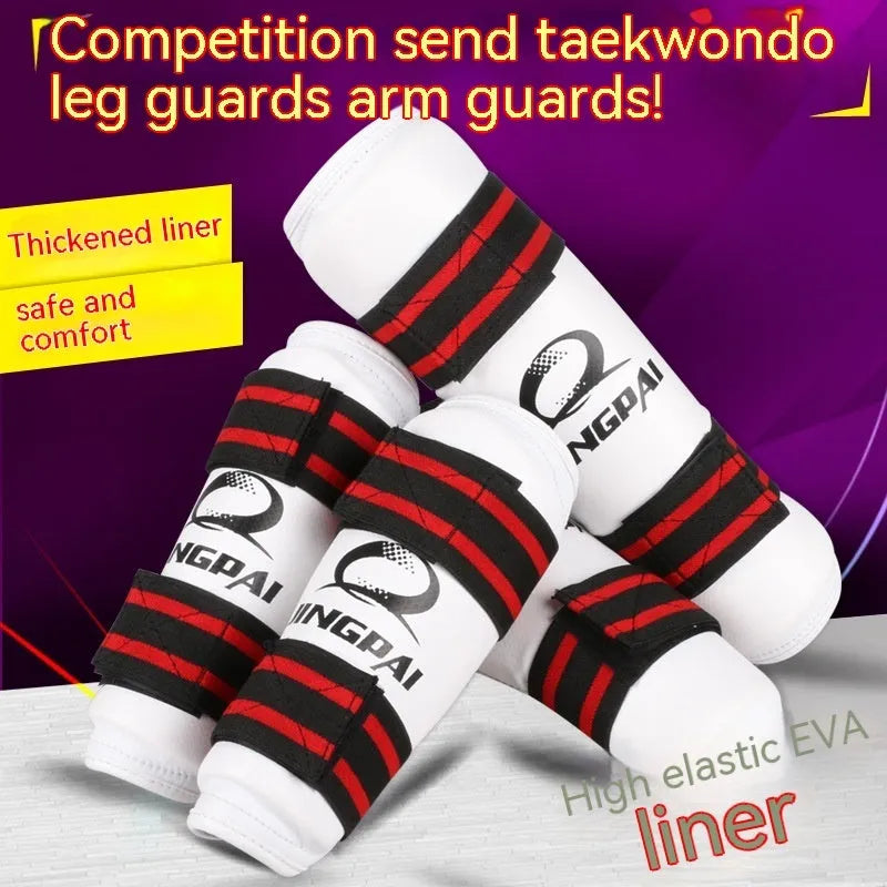 Taekwondo protective gear set showing arm guards, elbow protectors and legguards in PU EVA foam construction