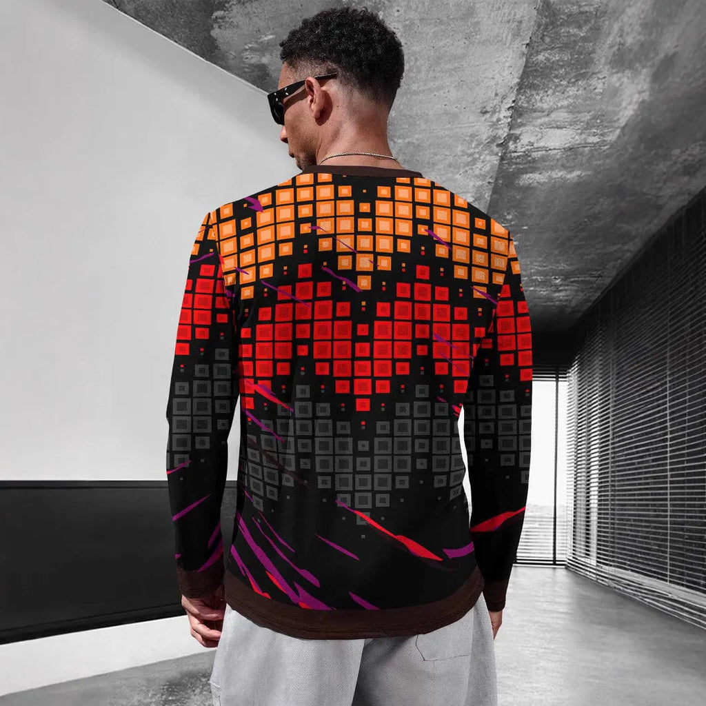 Man wearing a milk silk long sleeve pullover top with a round neck in a casual setting.