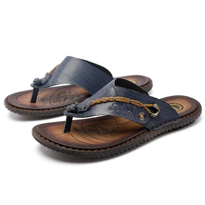 Men's herringbone pattern outdoor slippers in dark blue with rubber sole and leather lining