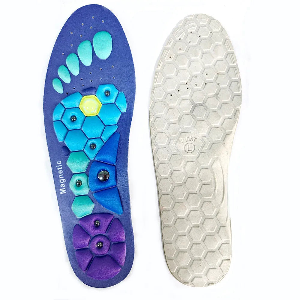 Pair of breathable EVA health care insoles in black, blue and red colours for casual shoes
