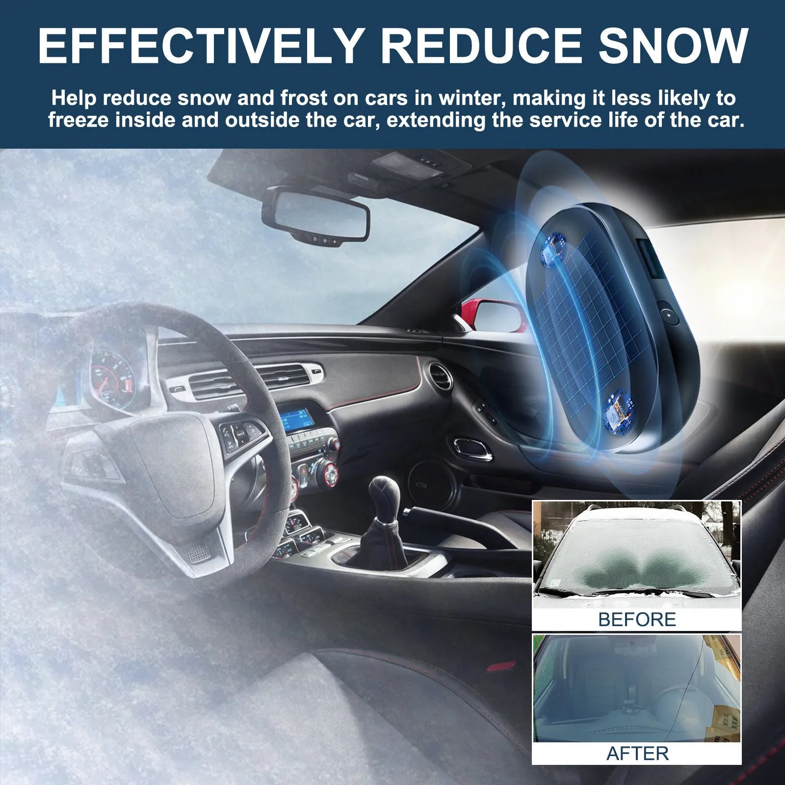 Compact car windshield anti-freezing tool measuring 5x2.6x1.5cm with peel-and-stick mounting