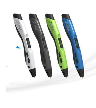 3D painting graffiti pen in black plastic, 180mm long, on a flat surface with coloured filament