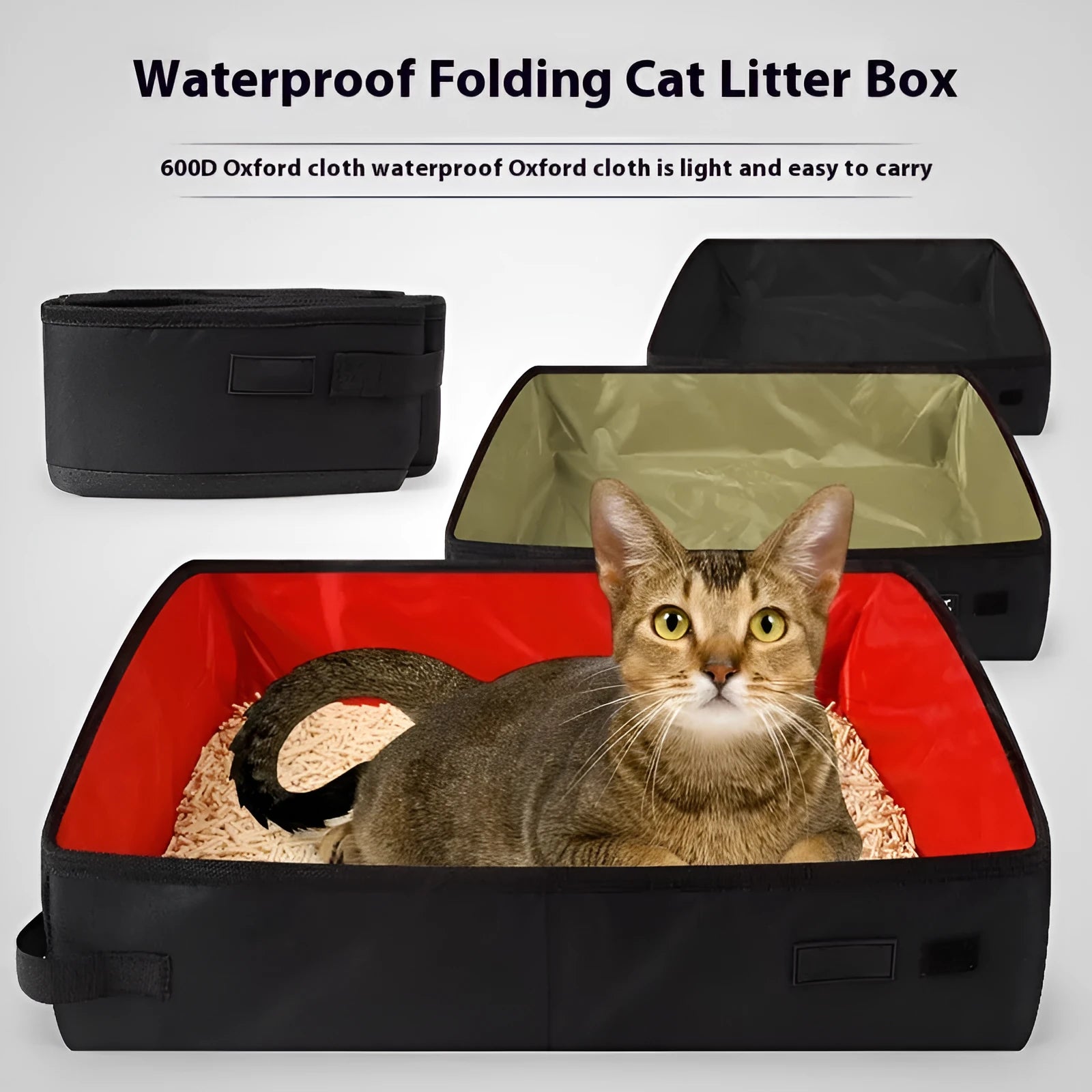 Portable foldable waterproof Oxford cloth cat litter box in black, green, and red