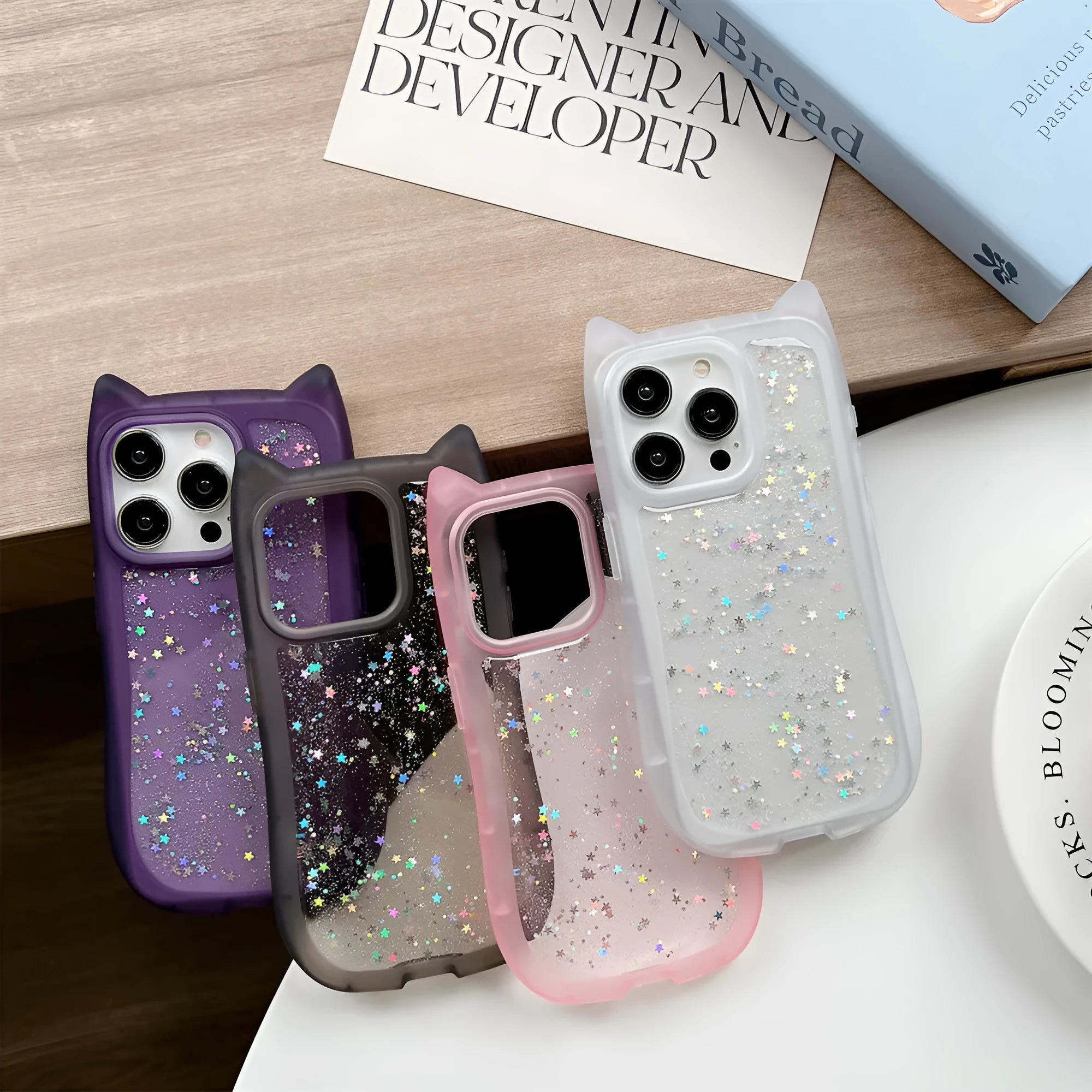 Three-dimensional cat ears epoxy glitter phone case for Apple iPhone in pink colour