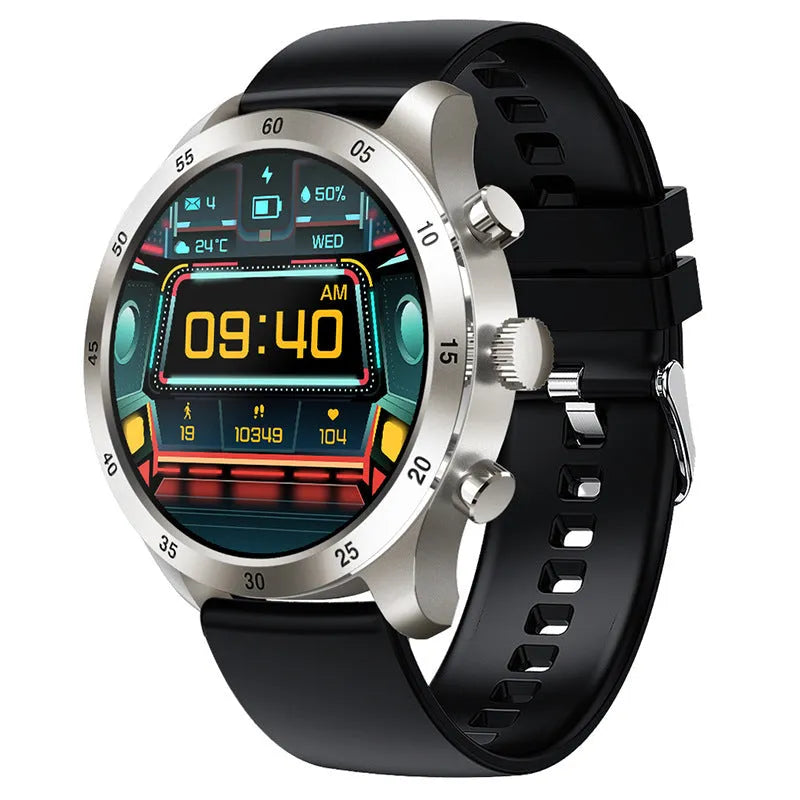 Black steel Bluetooth smart watch for iPhone with heart rate monitor on a wrist