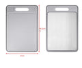 Grey square aluminium cutting board with double sides showing grinding teeth and built-in knife sharpener