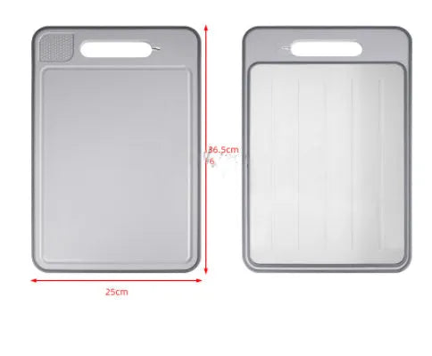 Grey square aluminium cutting board with double sides showing grinding teeth and built-in knife sharpener