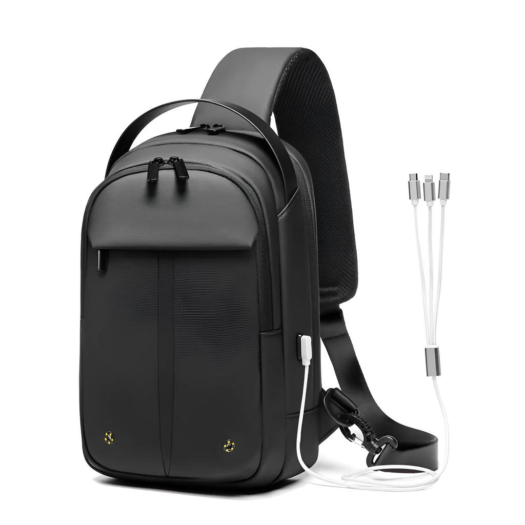 Men's waterproof crossbody bag in black Oxford cloth with zippered front and adjustable shoulder strap