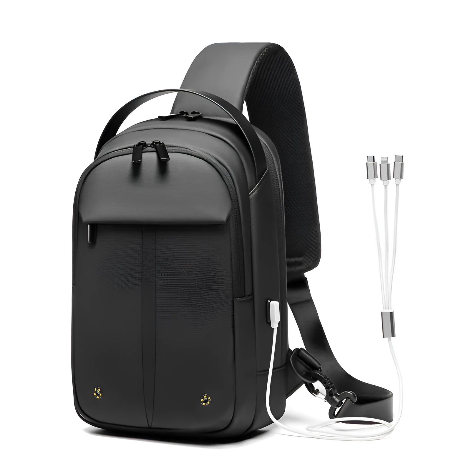 Men's waterproof crossbody bag in black Oxford cloth with zippered front and adjustable shoulder strap