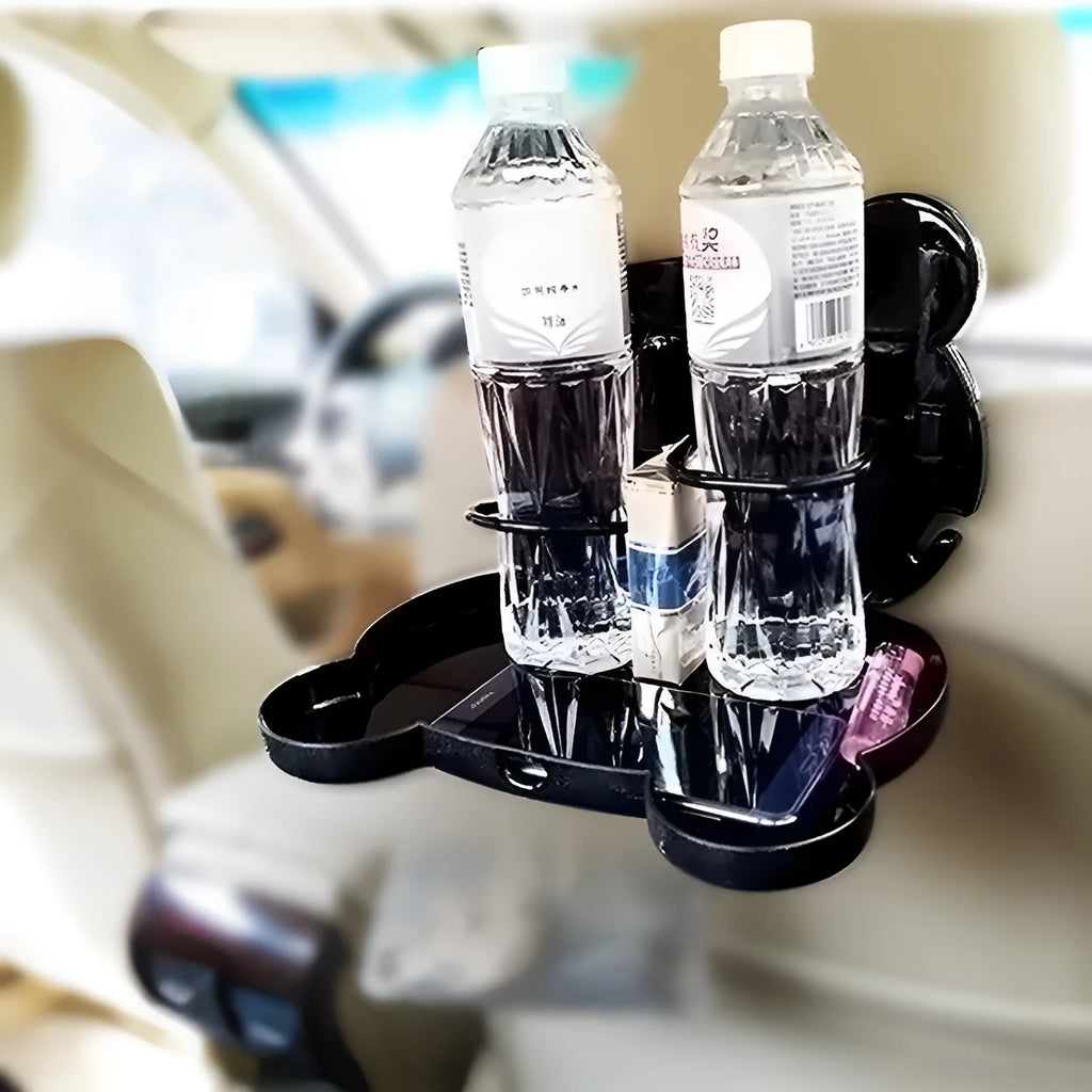 Child car seat table tray in black, with side hooks and a flat surface for snacks and drinks, size 20 x 23.5 cm