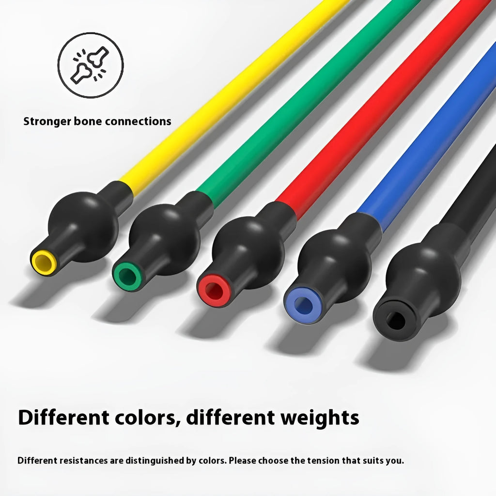 Set of five colour-coded TPE resistance bands for an adjustable chest expander: yellow, green, red, blue, and black.