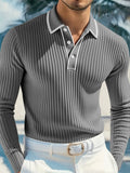 Men's loose-fit long-sleeved polo shirt in black, mosaic pattern, polyester blend, front view