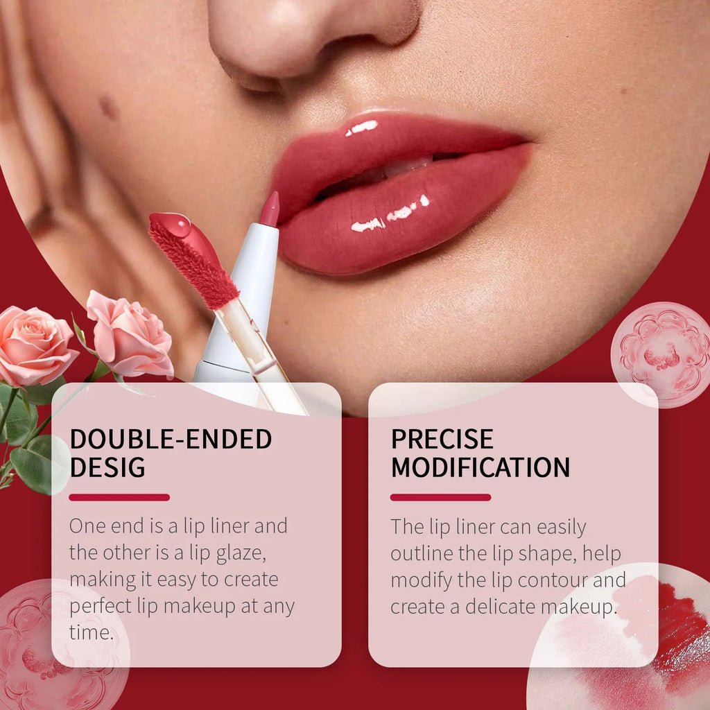 Double-headed lip liner and lip lacquer pen makeup product in matte finish.