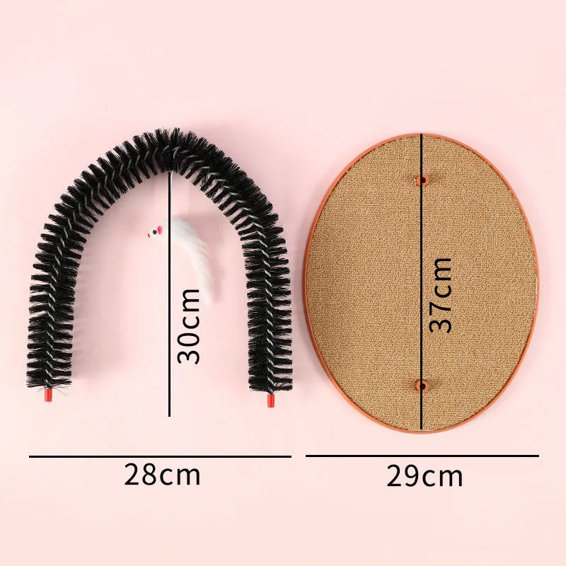 Black arch-shaped plastic cat grooming device with a mop and scratching surfaces, featuring a plush mouse toy.